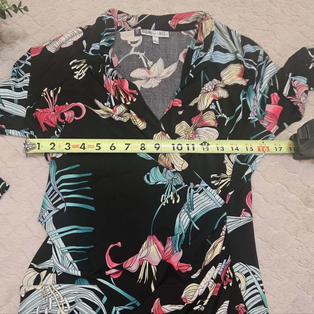 Jennifer Lopez Black Floral Faux-Wrap Fitted Dress, Size Large